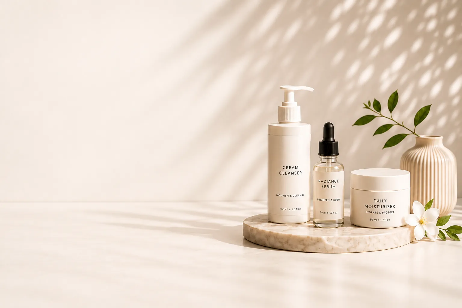 Cream cleanser, radiance serum and daily moisturiser arranged on a marble tray in soft daylight.